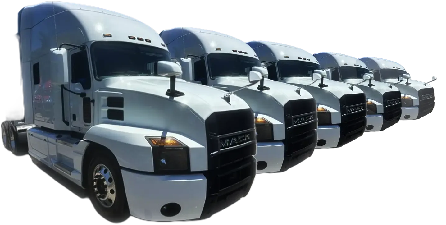 A row of white Mack Anthem sleeper trucks